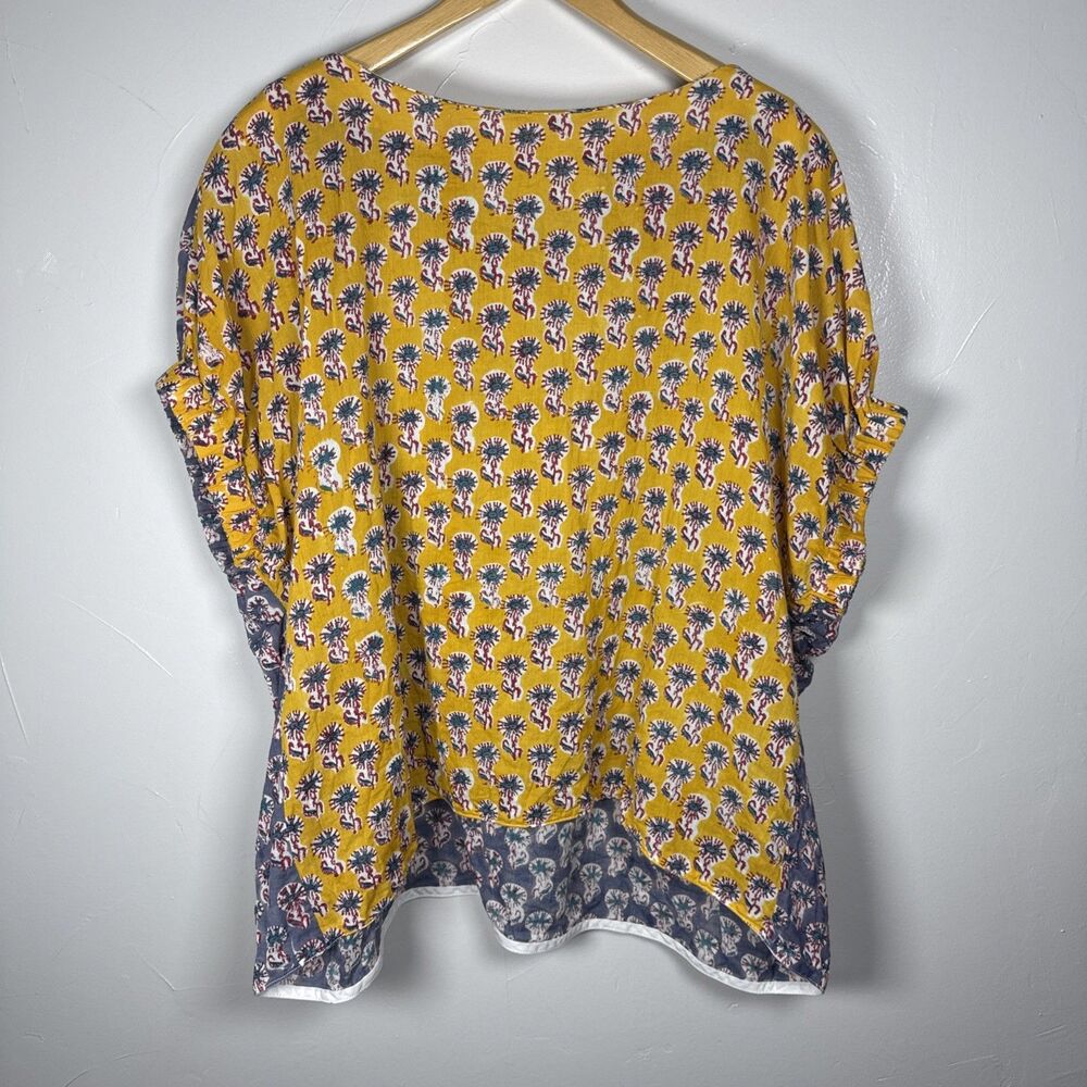 Tish Cox Scrunched Short Sleeve Yellow Blue Mismatched Cotton Print Size Small